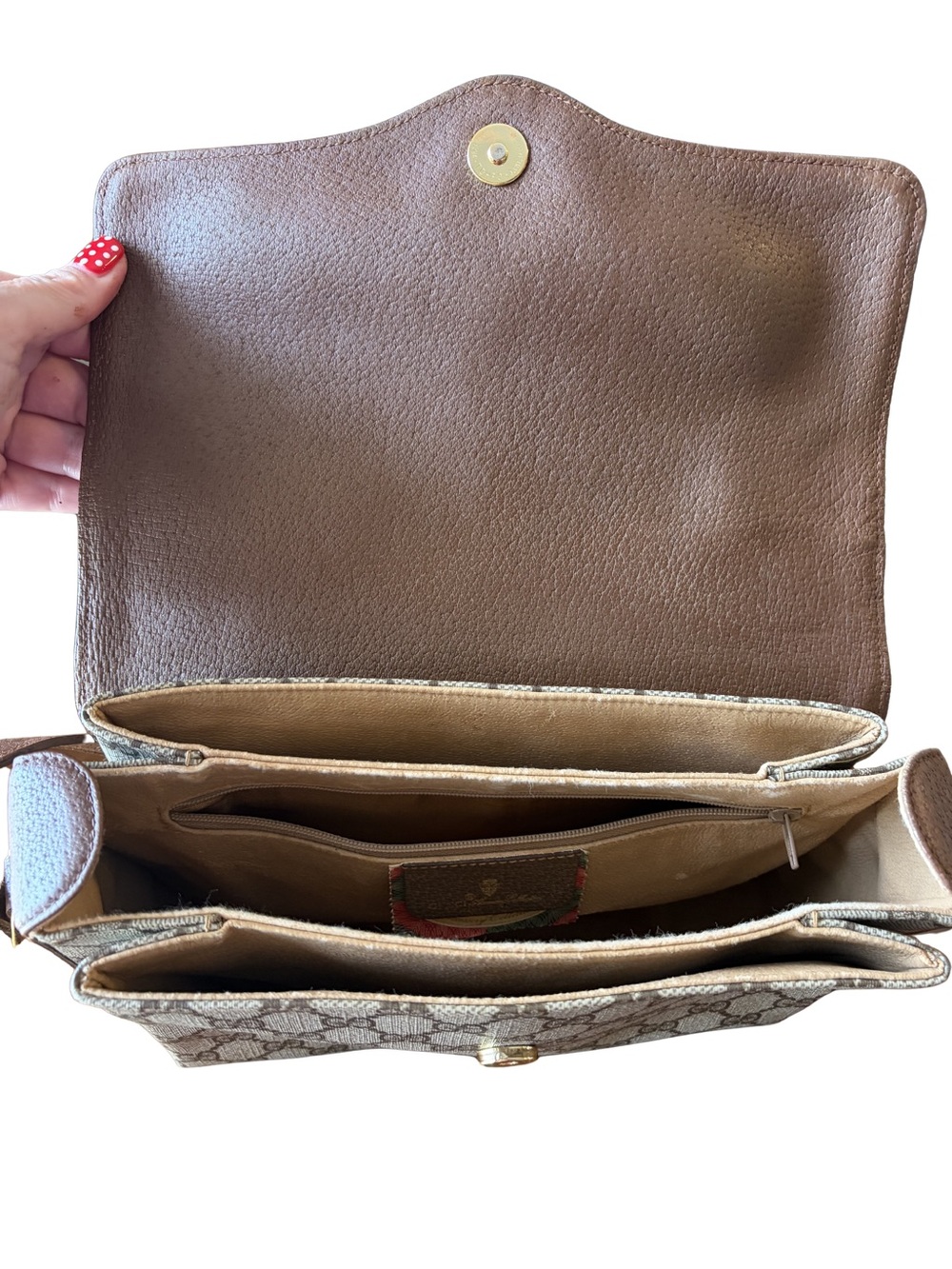 Gucci Beige GG Supreme Canvas Crossbody with Brown Trim and Green-Red Web - Picture 14 of 15
